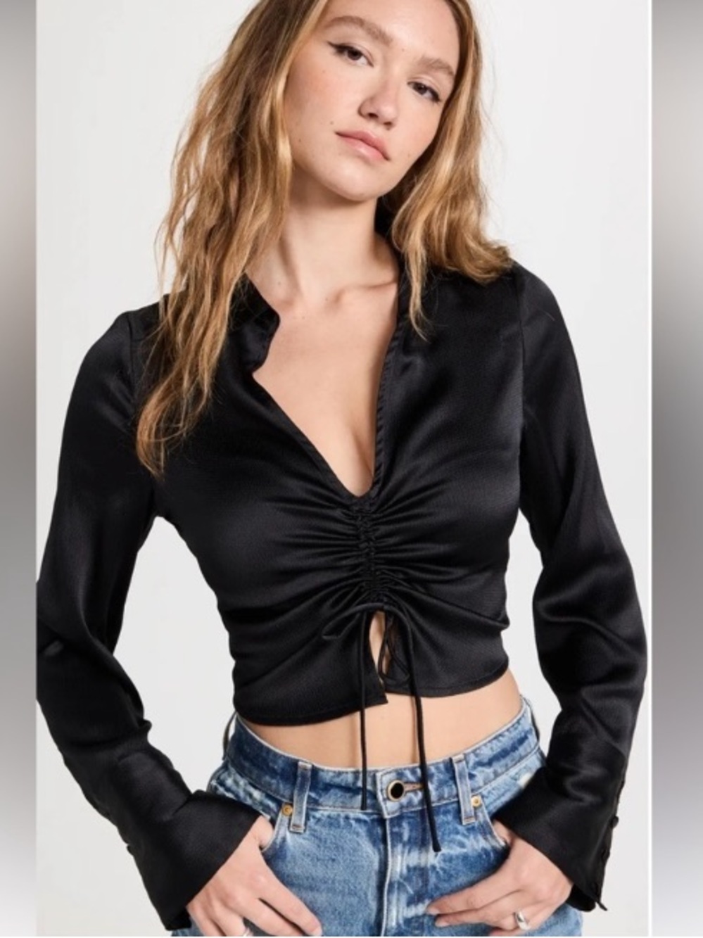 Free people Aurora black ruched long sleeve black blouse women’s Sz M